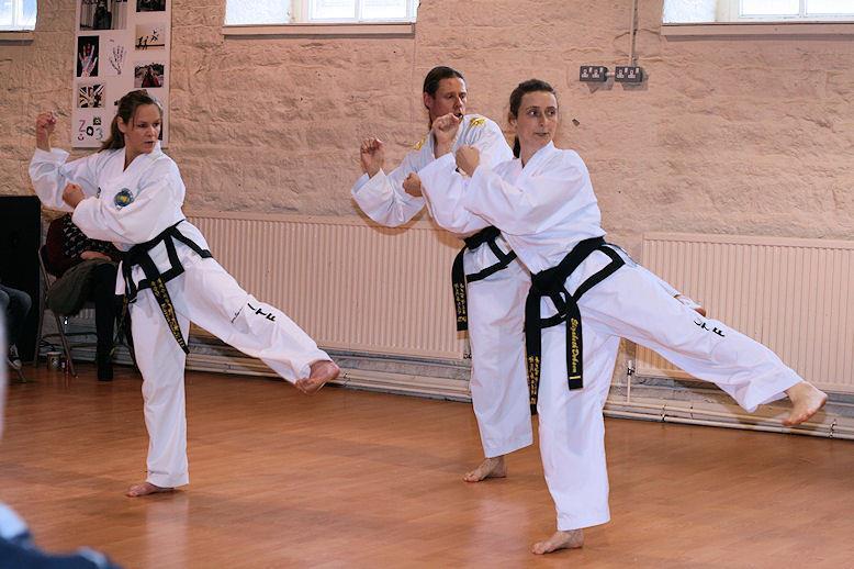 three black belts performing a side pressing kick in pattern Po Eun
